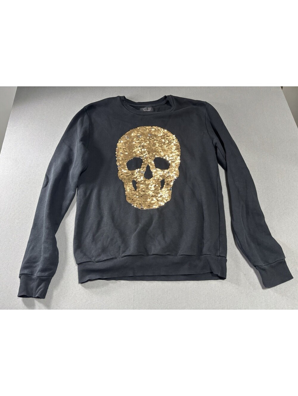 Zara Man Black Sequin Skull Graphic Sweatshirt S Crewneck Pullover Streetwear